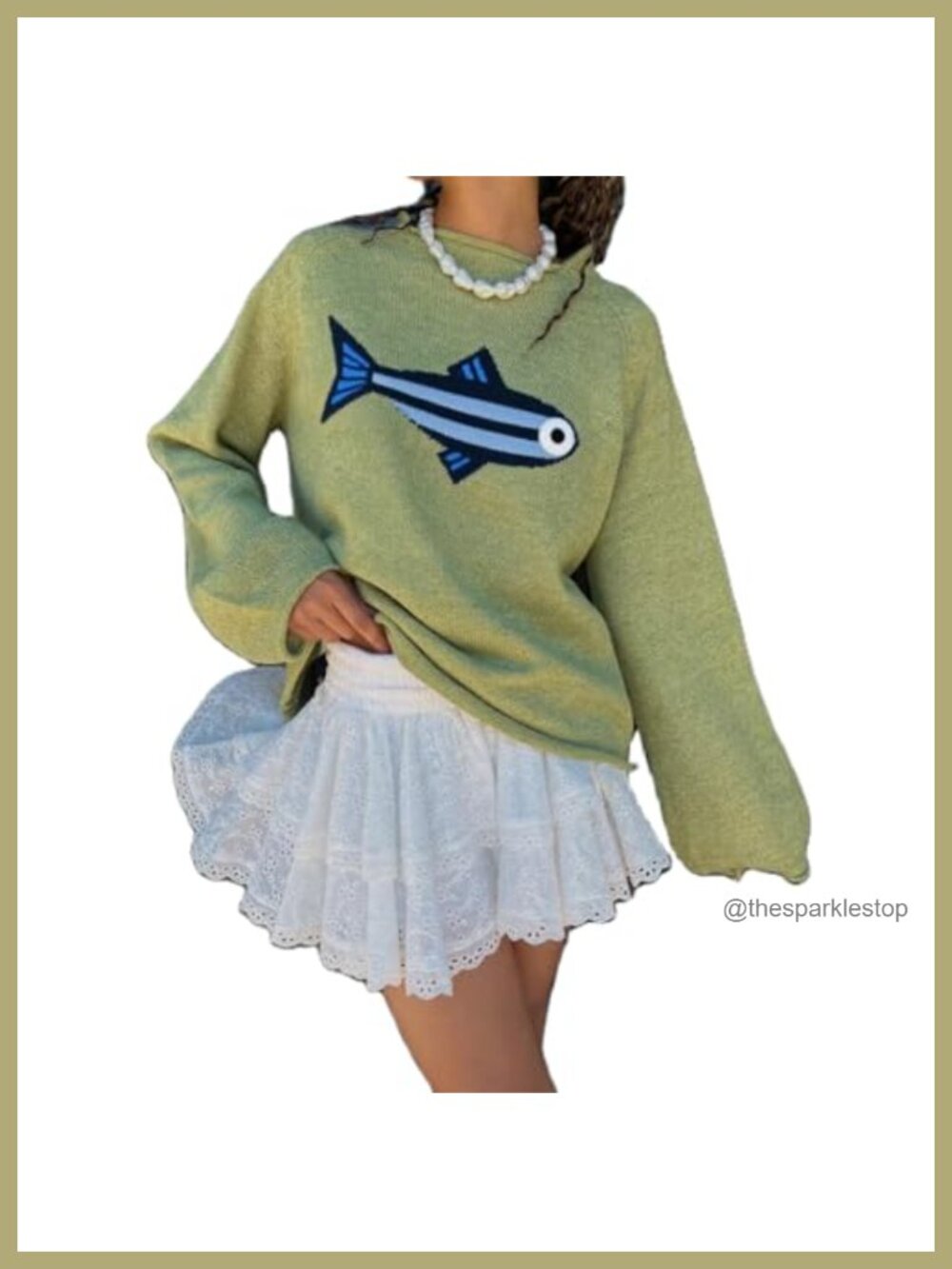 Rib Knit Fish Graphic Sweater Crew Neck Oversized Vintage Pullover
